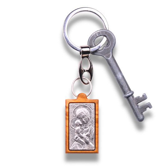 Holy Mother Olive Wood Keychain With Key