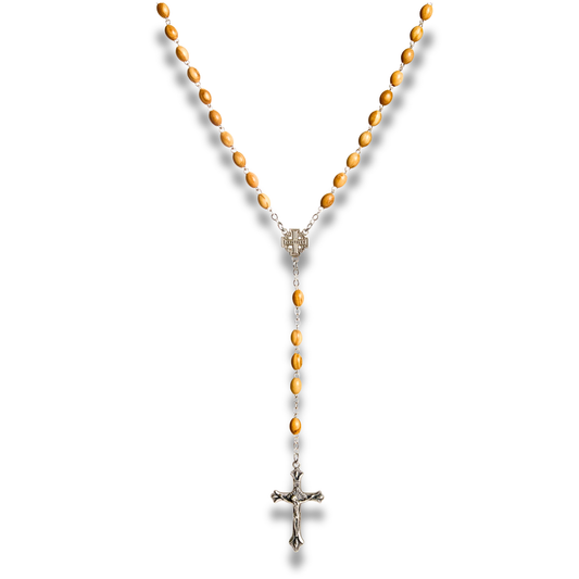 Olive wood rosary with Jerusalem Cross centerpiece and silver toned crucifix