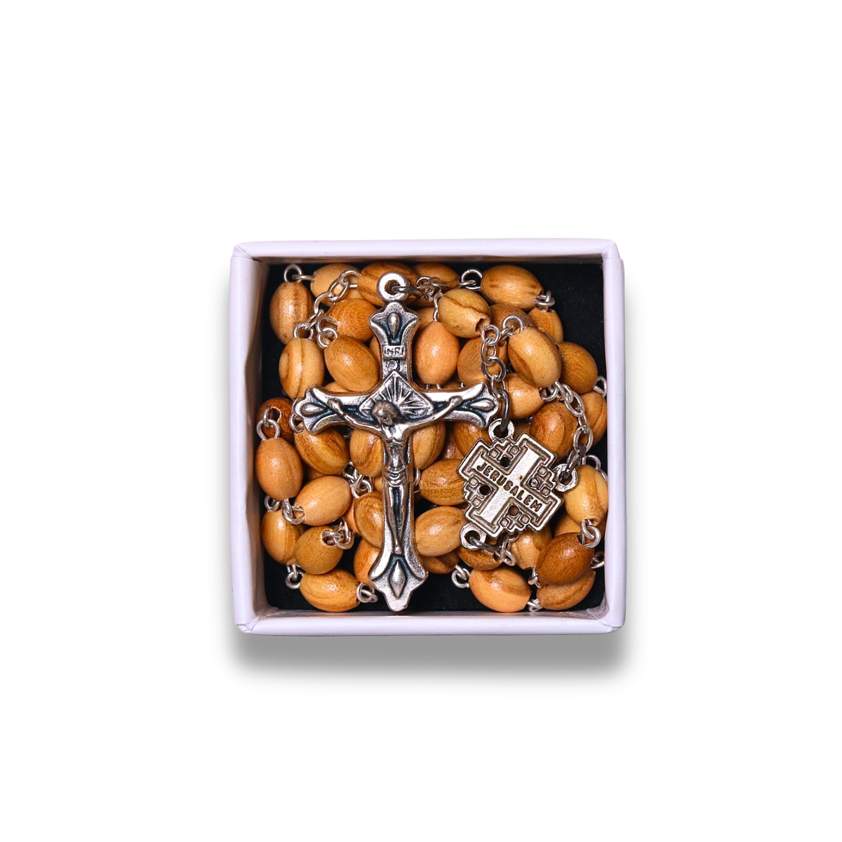 Olive wood beads, Jerusalem Cross centerpiece and crucifix in a gift box