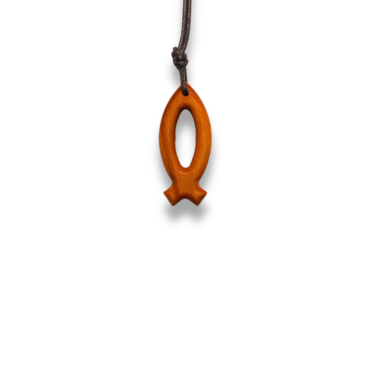 Detail view of Jesus Fish Ichthus Olive Wood Necklace, alternate view 2