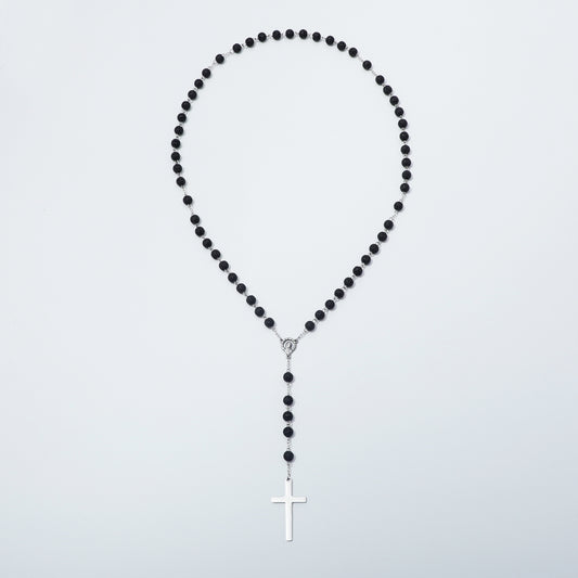 Full lava stone five-decade rosary on silver toned chain