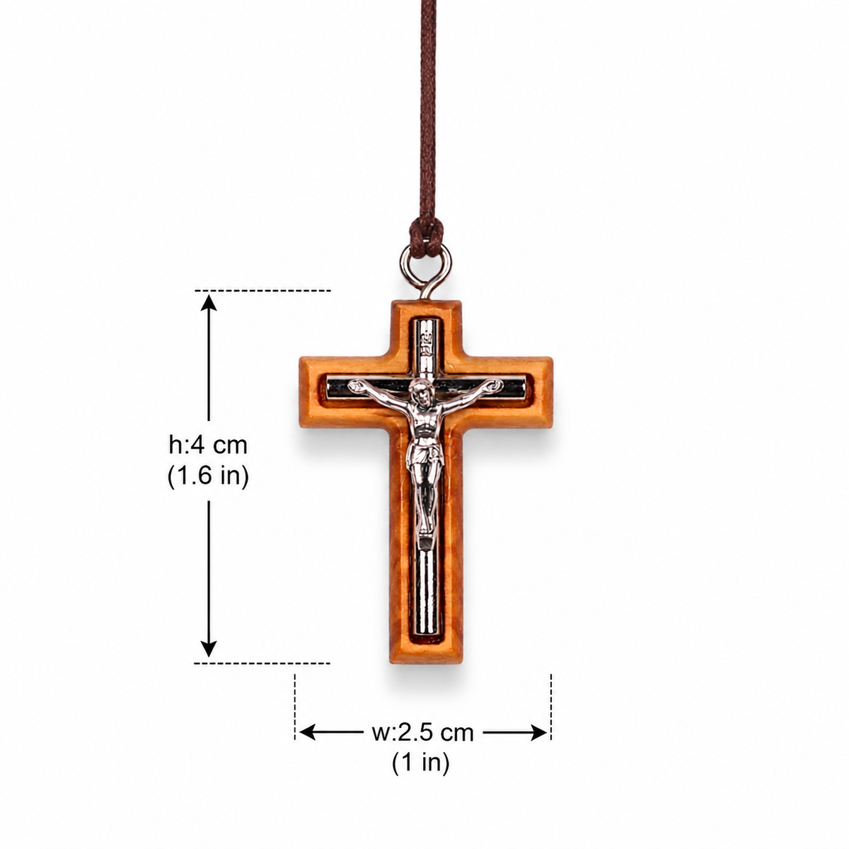 Monos Olive Wood Crucifix Necklace with dimensions