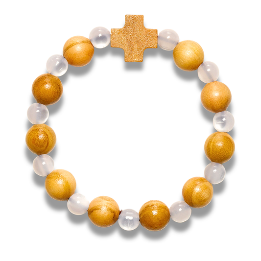 Olive Wood Beads Cross Bracelet white