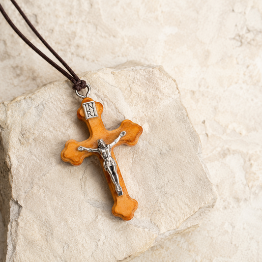 Detail view of Orthodox Olive Wood Crucifix Necklace