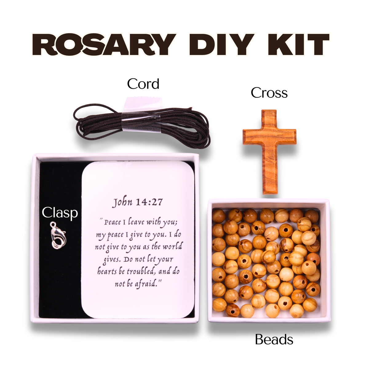 Rosary kit contents labelled cord, cross, clasp and olive wood beads