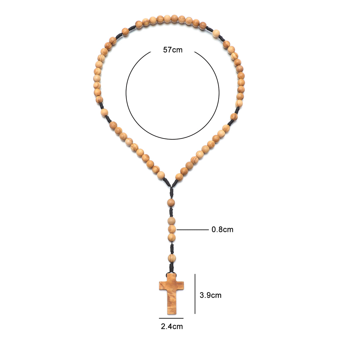 Olive wood rosary with 8mm beads and measurement labels
