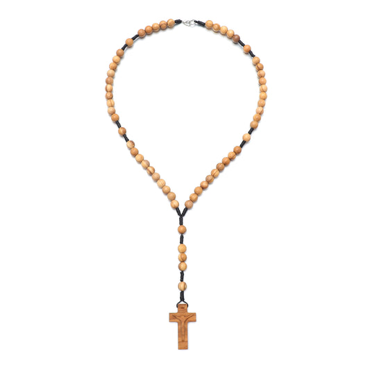 Full olive wood five-decade rosary necklace with carved crucifix and clasp