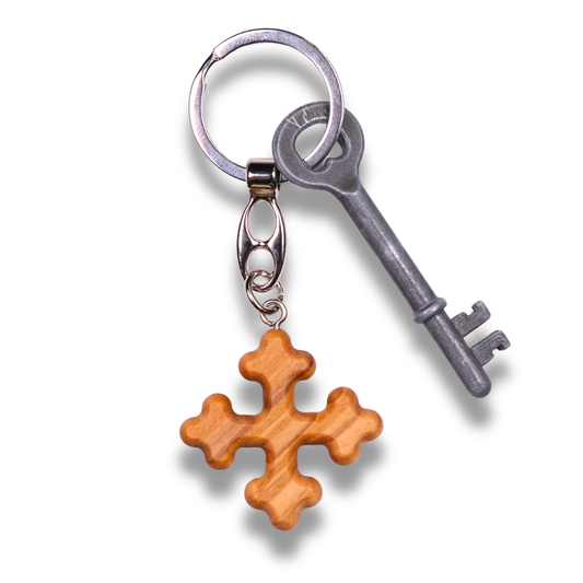 Triune Olive Wood Cross Keychain With Key