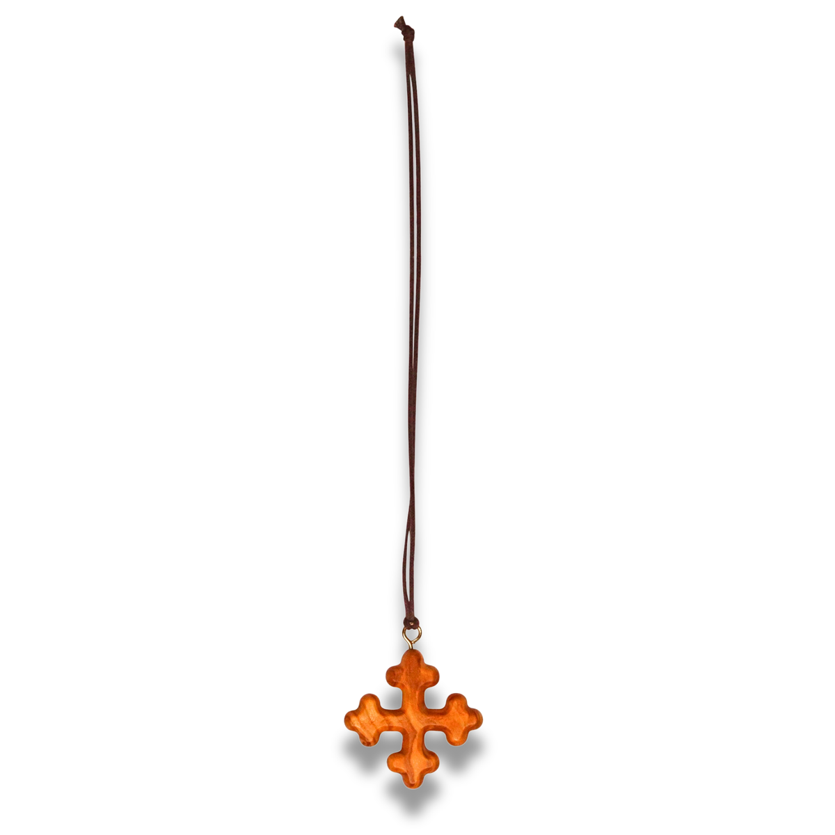 Triune Olive Wood Cross Pendant on a brown cord against a white background