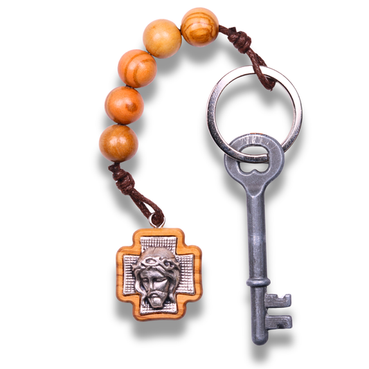 Visage Of Jesus Beaded Olive Wood Cross Keychain With Key