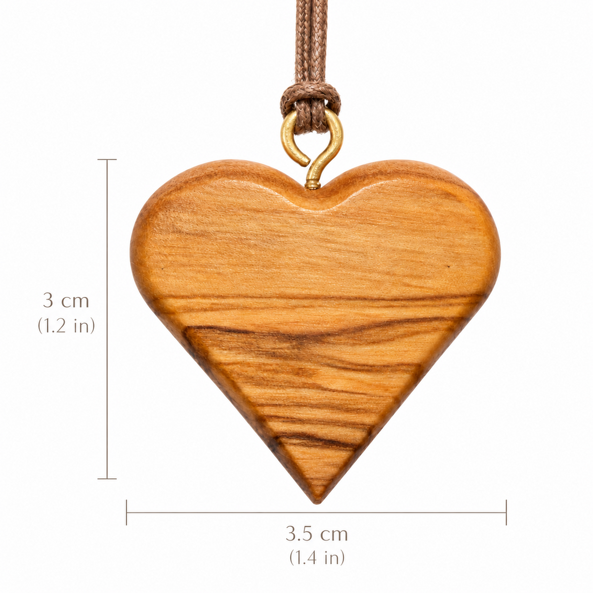 Ahavah olive wood heart pendant with measurements: 3 cm (1.2 in) high and 3.5 cm (1.4 in) wide.
