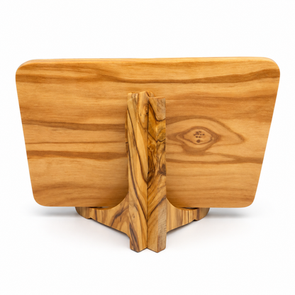 Back view of the John 4:13–14 olive wood scripture plaque with its matching wooden display stand.