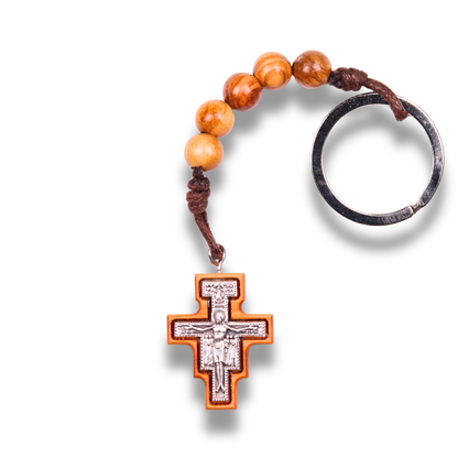 San Damiano Beaded Olive Wood Keychain