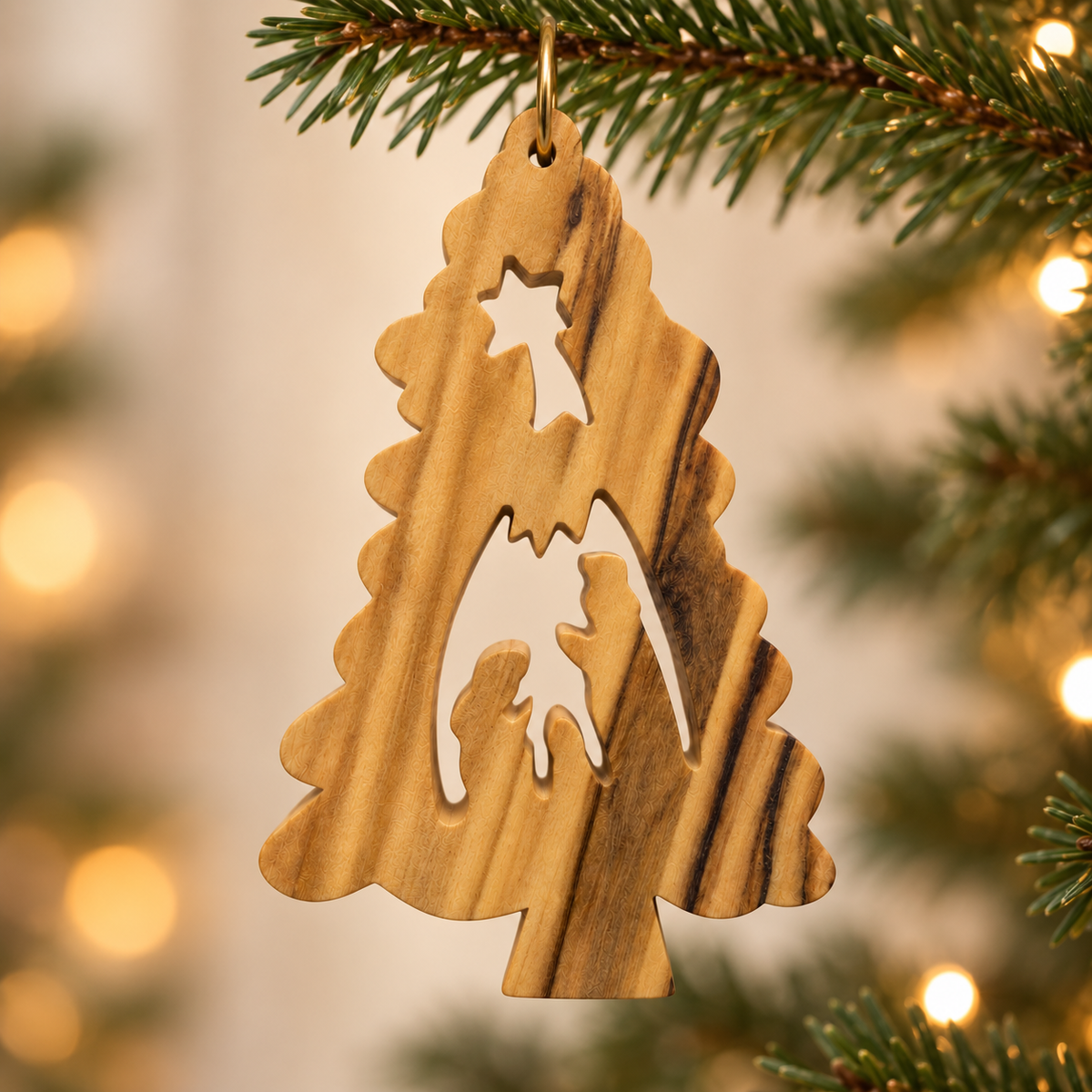 A natural wood Christmas ornament shaped like a Christmas tree with a star on top and a silhouette of a family inside, hanging from a pine branch with warm bokeh lights in the background.