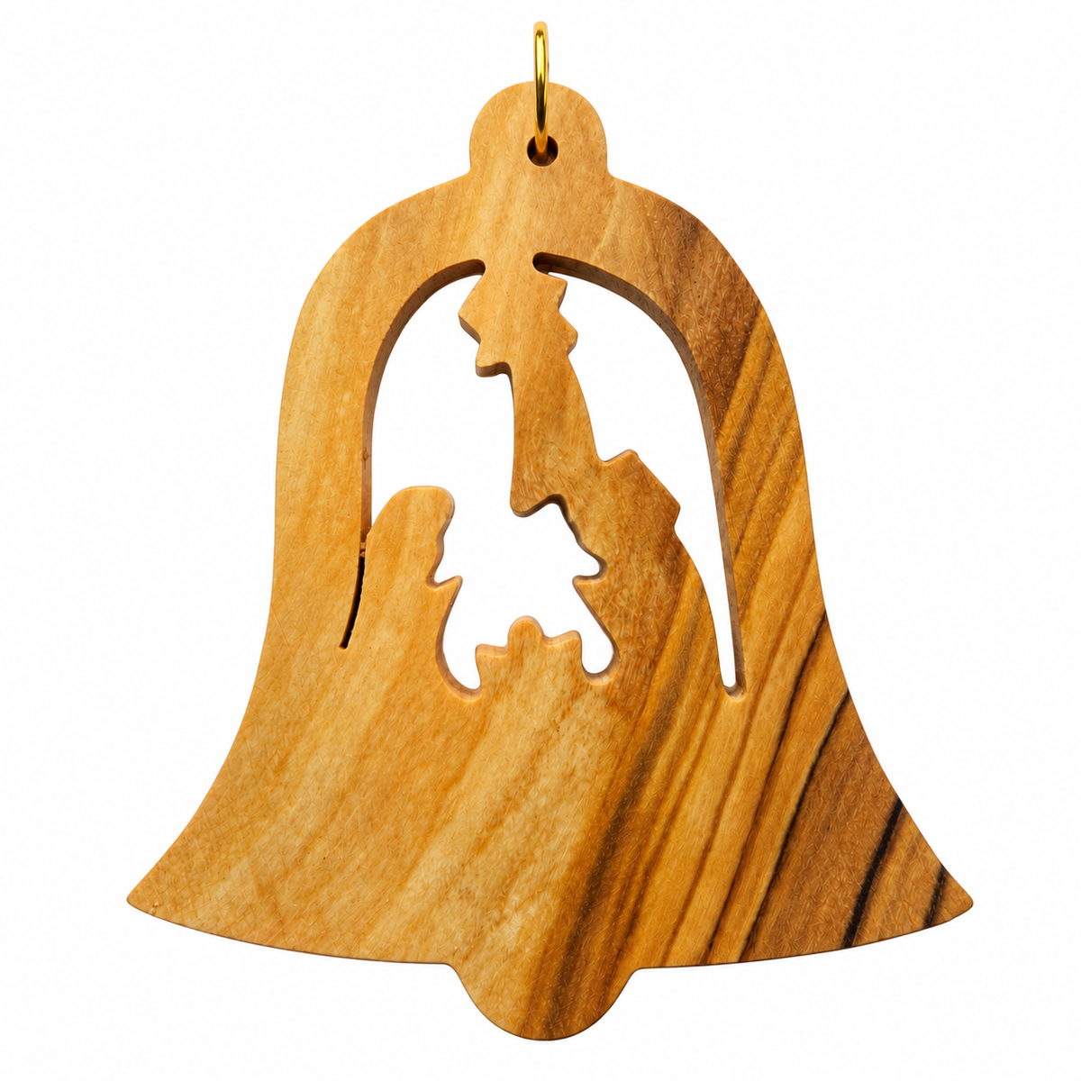 A wooden Christmas ornament shaped like a bell with a cutout silhouette of the Holy Family, made from olive wood with a natural grain pattern and a small gold hanging loop at the top.
