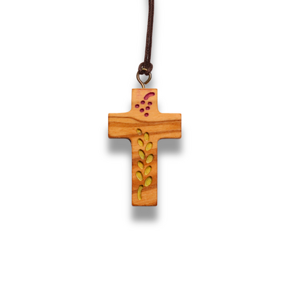 Communion Olive Wood Cross Necklace on a white background