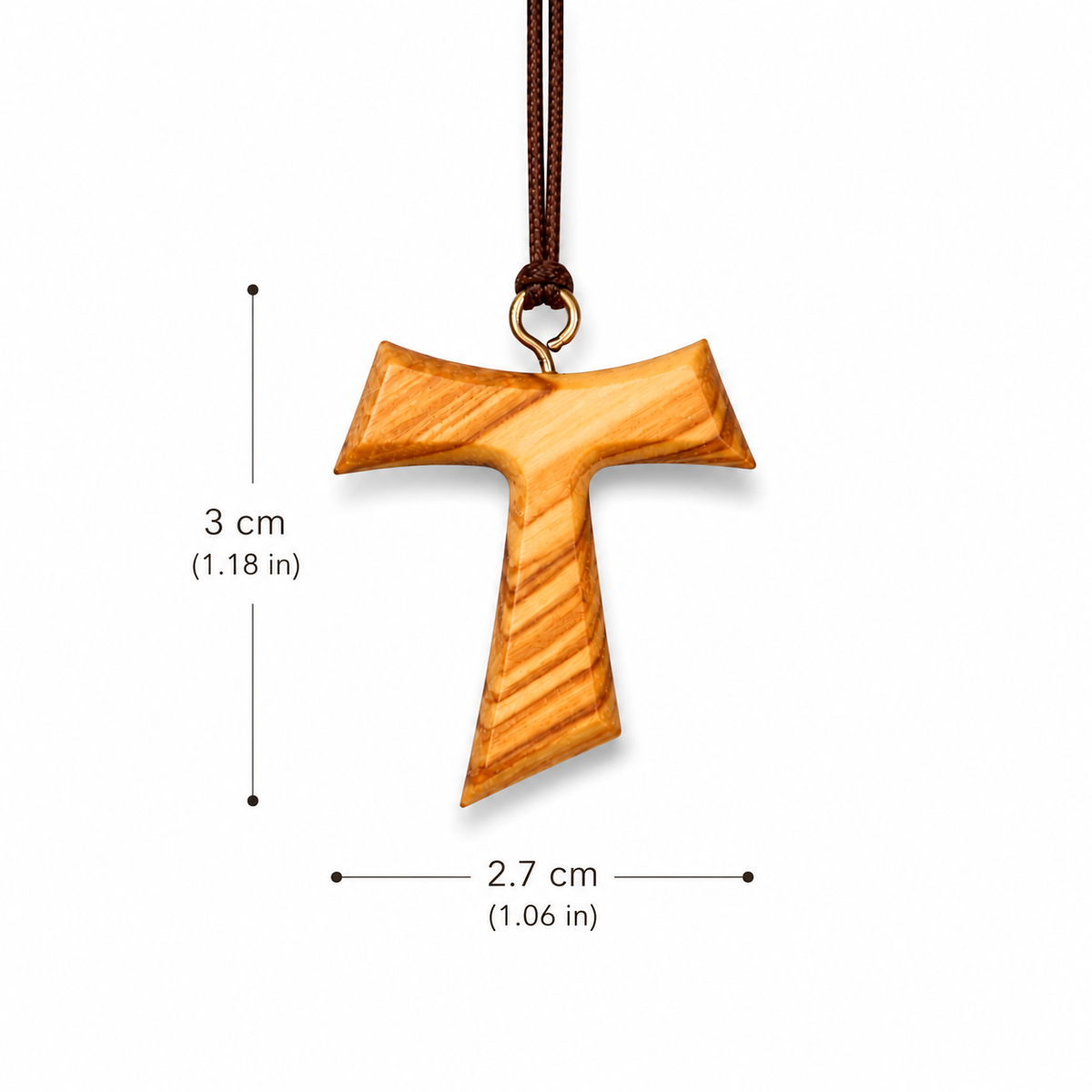 Tau Origin Olive Wood Cross Necklace with dimensions