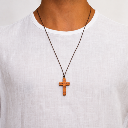 Detail view of Ichthus Olive Wood Cross Necklace