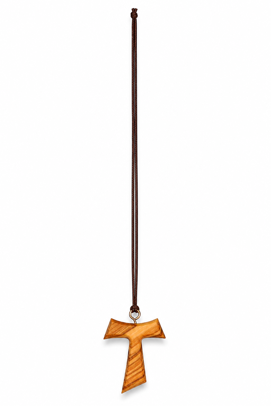 Tau Origin Olive Wood Cross Necklace shown full length