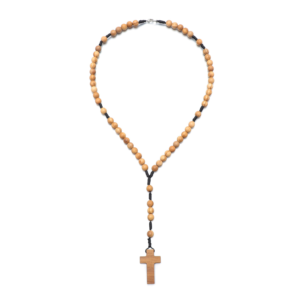 Olive wood five-decade rosary necklace with 8mm beads and clasp, laid out in full