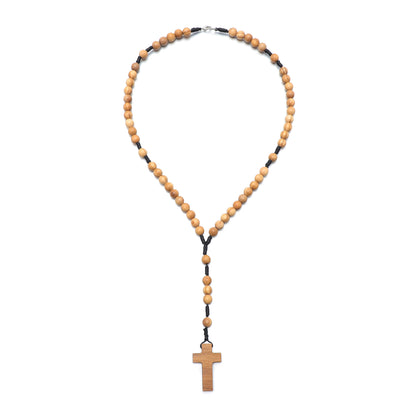 Olive wood five-decade rosary necklace with 8mm beads and clasp, laid out in full