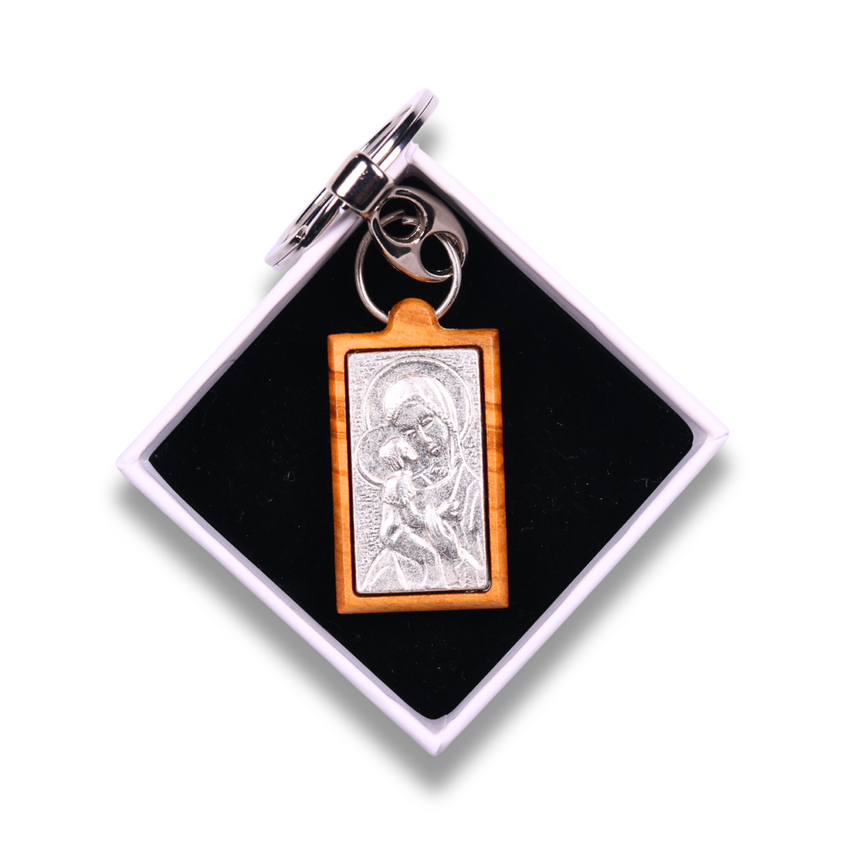 Holy Mother Olive Wood Keychain In Gift Box