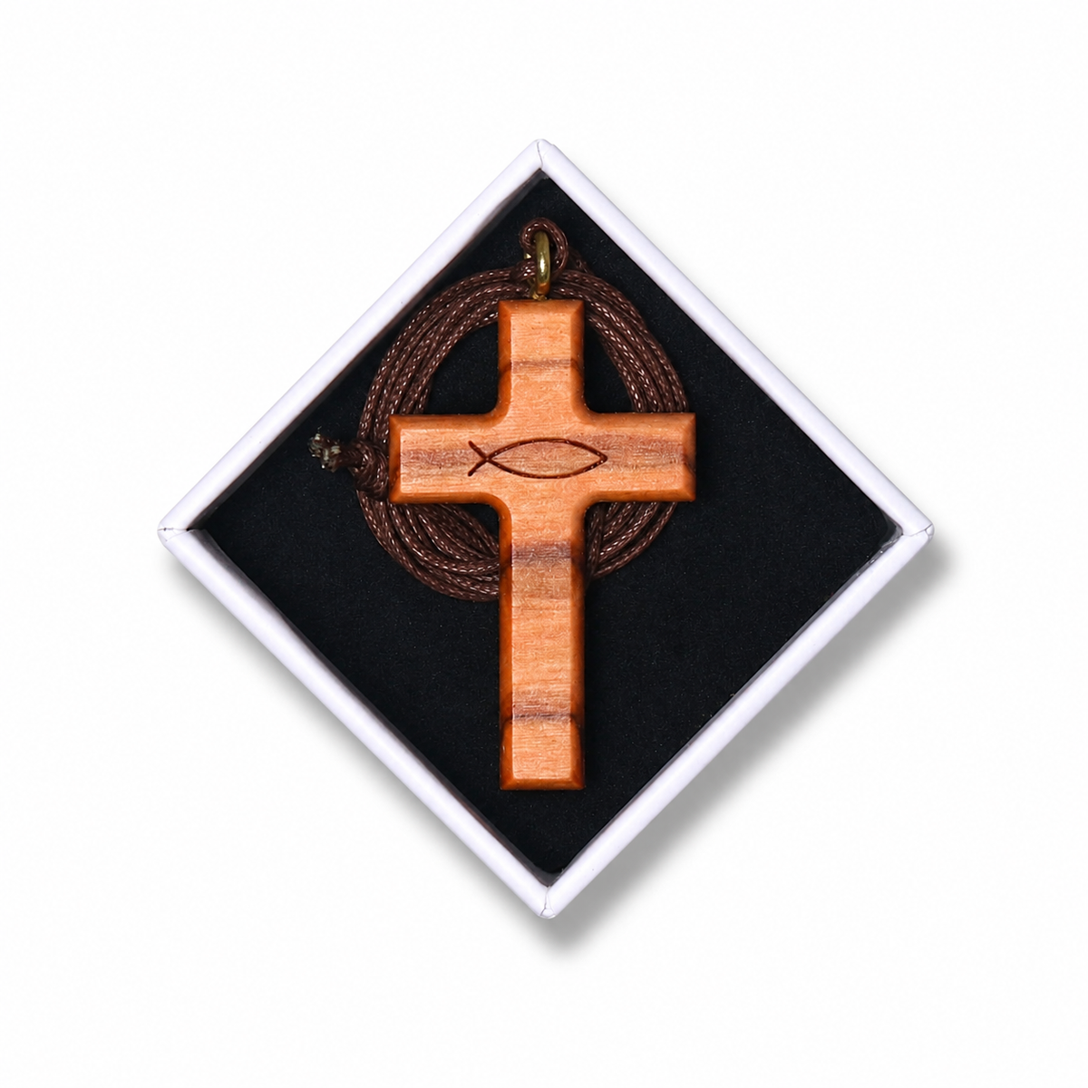 Ichthus Olive Wood Cross Necklace in gift box