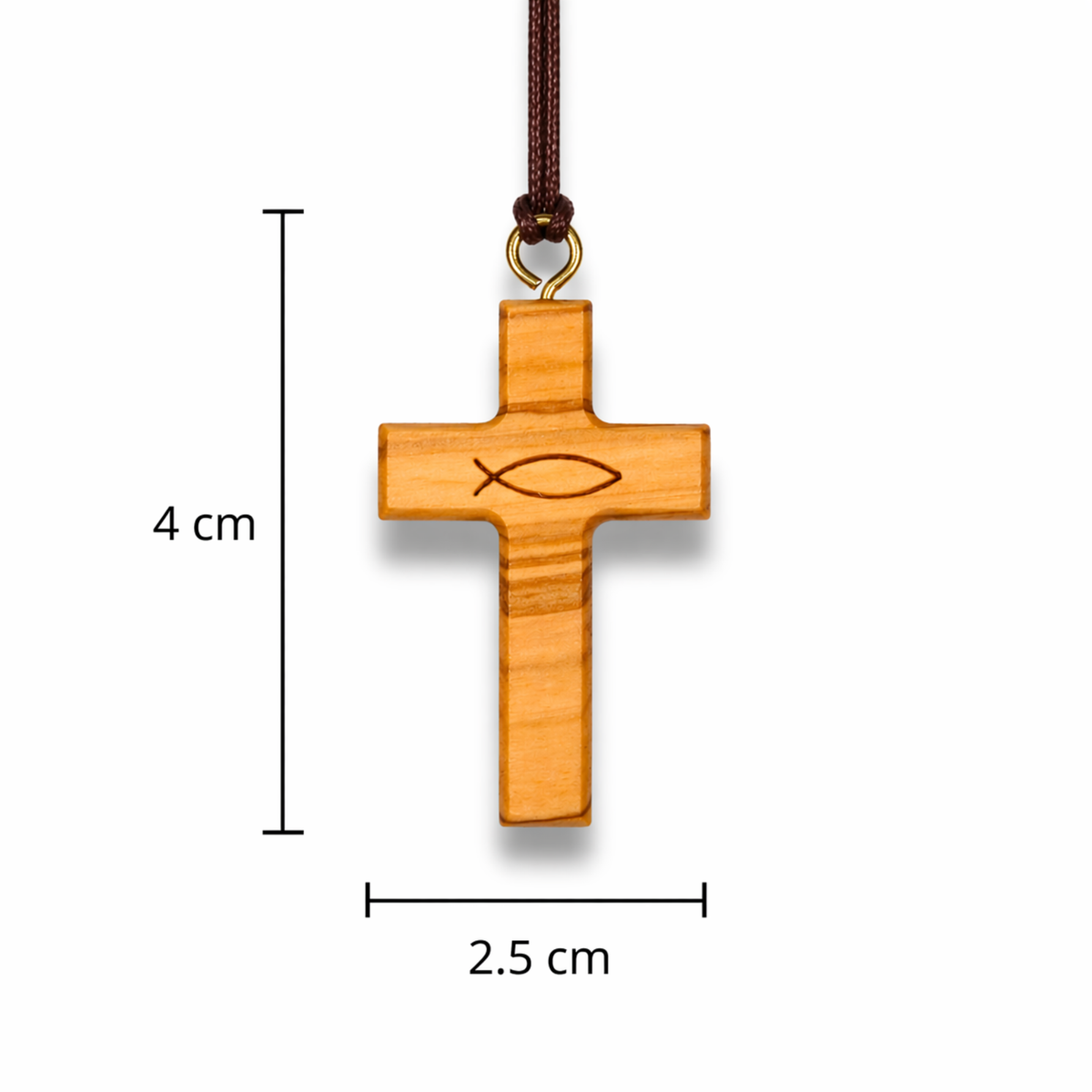 Ichthus Olive Wood Cross Necklace with dimensions
