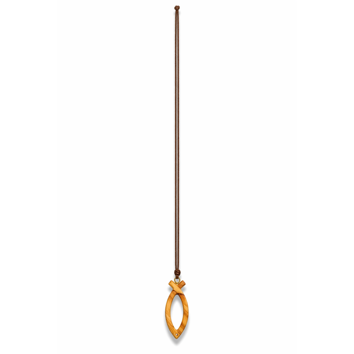 Olive Wood Ichthus Fish Necklace shown full length