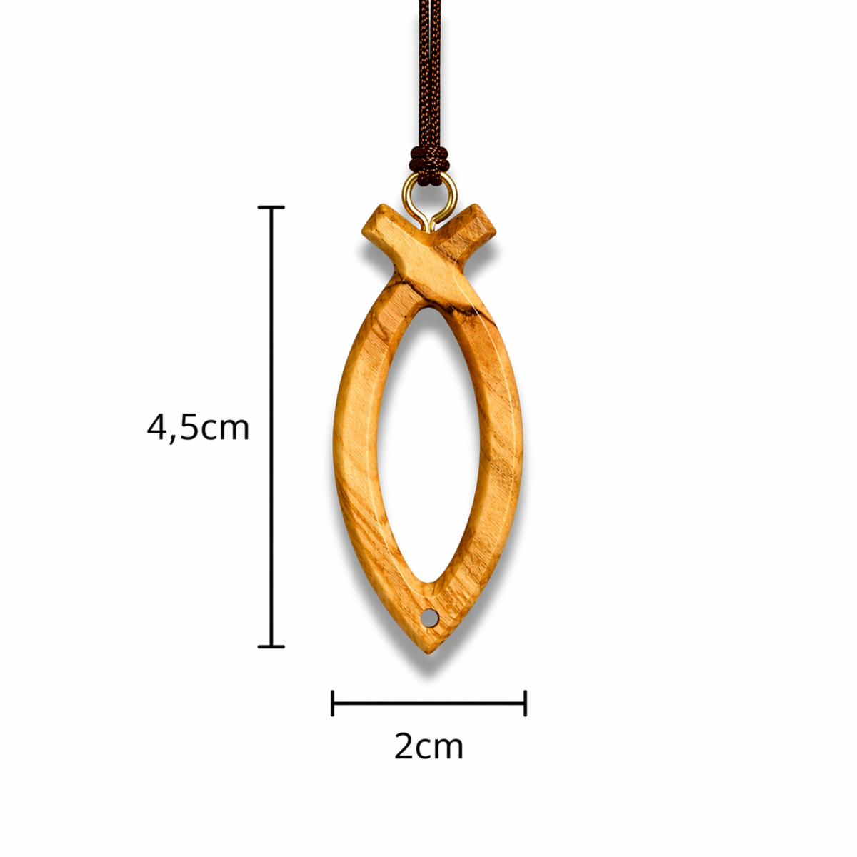 Olive Wood Ichthus Fish Necklace with dimensions