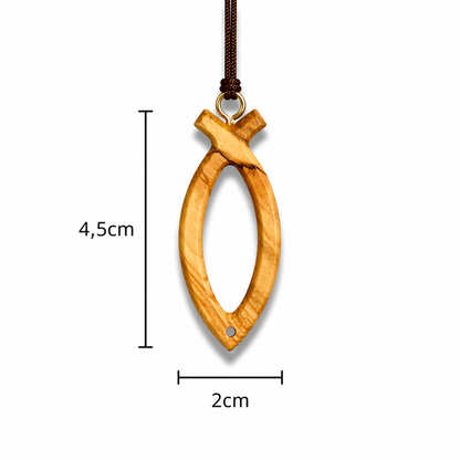 Olive Wood Ichthus Fish Necklace with dimensions