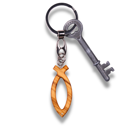 Ichthus Pendant Olive Wood Keychain With Key