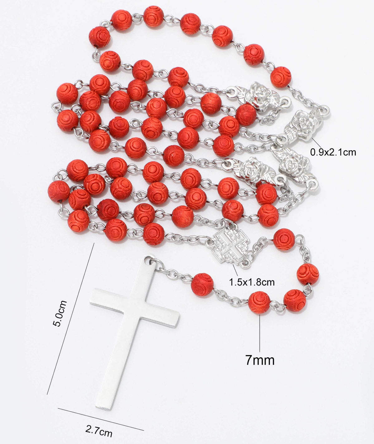 Engraved red bead rosary with bead, rose connector, centerpiece and cross dimensions