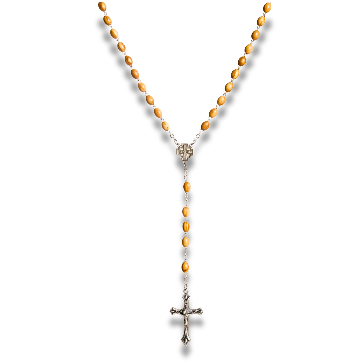 Olive wood rosary with Jerusalem Cross centerpiece and silver toned crucifix