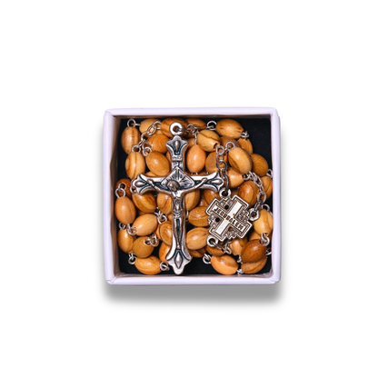 Olive wood beads, Jerusalem Cross centerpiece and crucifix in a gift box