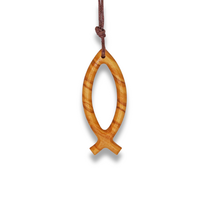 Close-up of Jesus Fish Ichthus Olive Wood Necklace