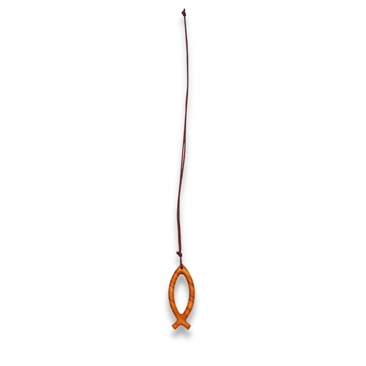 Jesus Fish Ichthus Olive Wood Necklace shown full length