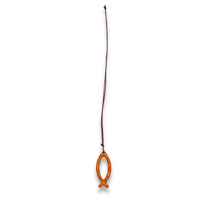 Jesus Fish Ichthus Olive Wood Necklace shown full length