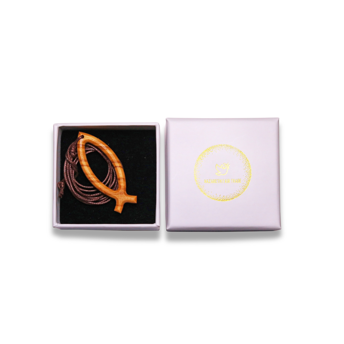 Jesus Fish Ichthus Olive Wood Necklace in gift box
