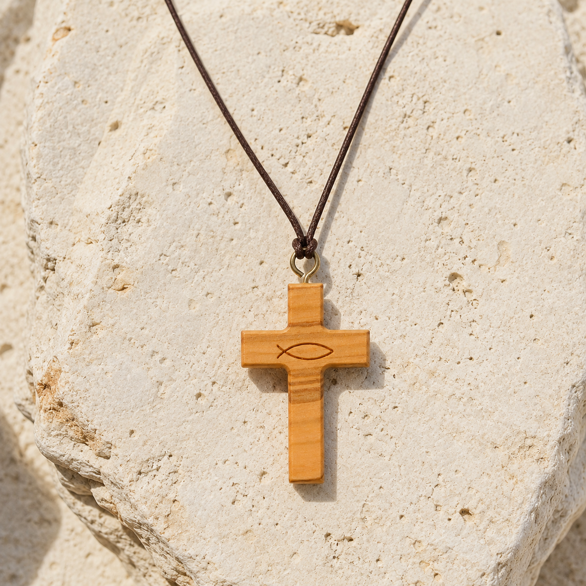 Detail view of Ichthus Olive Wood Cross Necklace, alternate view 2