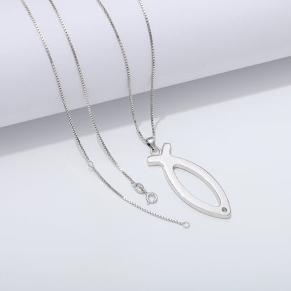 925 Sterling Silver Ichthus Fish Necklace Large