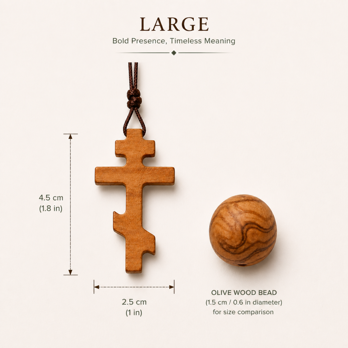 Large Russian Orthodox olive wood cross, 4.5 × 2.5 cm, shown beside an olive wood bead for scale