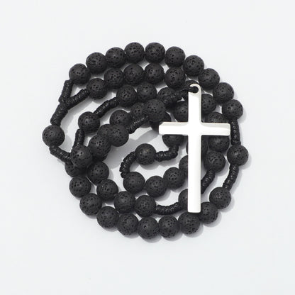 Coiled lava stone rosary with a plain silver toned cross