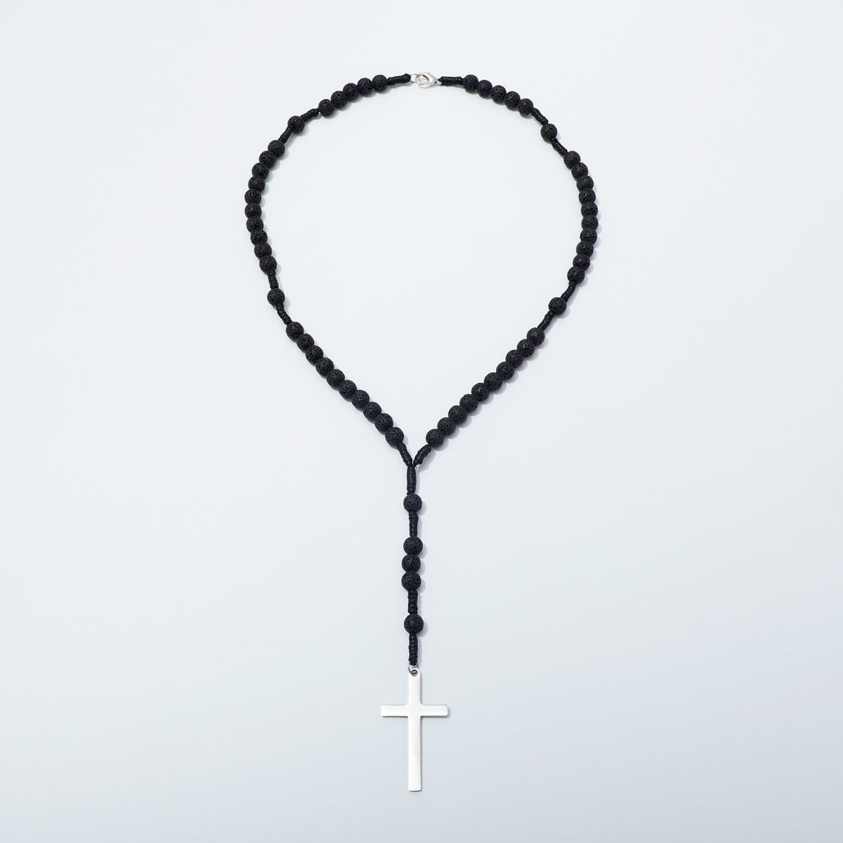Full lava stone five-decade rosary necklace with clasp and metal cross
