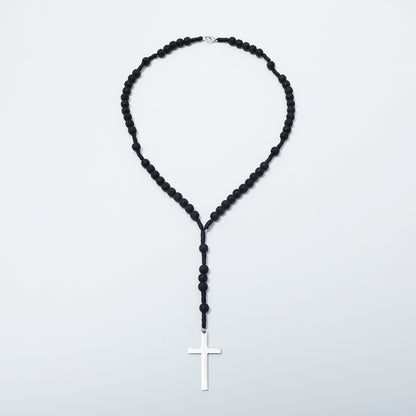 Full lava stone five-decade rosary necklace with clasp and metal cross