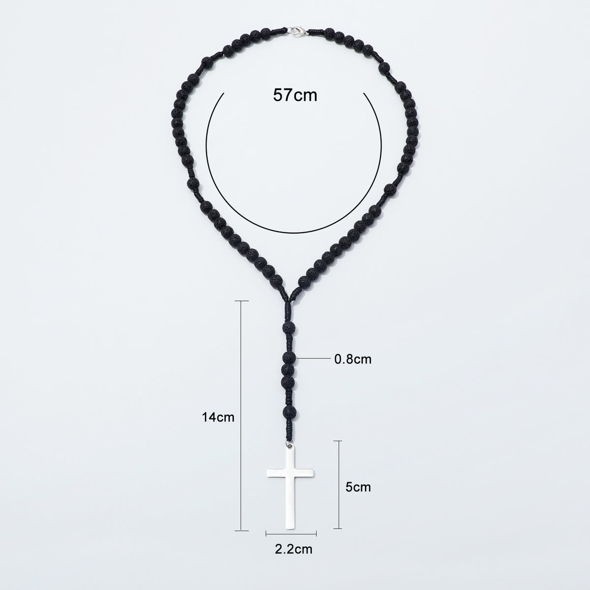 Lava stone rosary necklace with loop, drop, bead and cross measurements