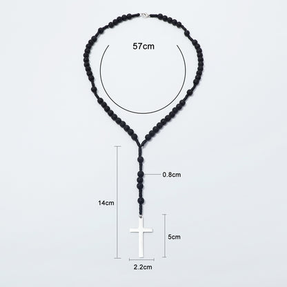 Lava stone rosary necklace with loop, drop, bead and cross measurements