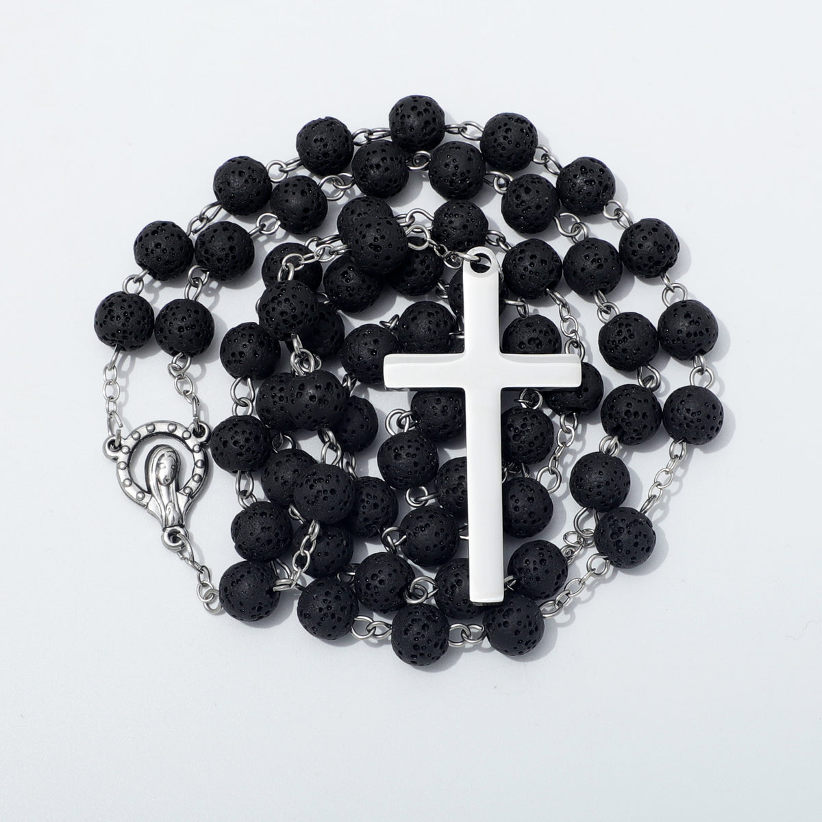 Coiled lava stone rosary with Mary centerpiece and plain metal cross