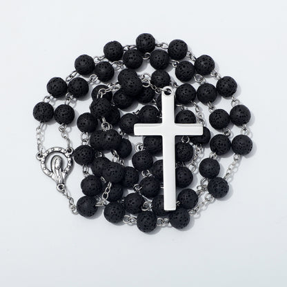 Coiled lava stone rosary with Mary centerpiece and plain metal cross