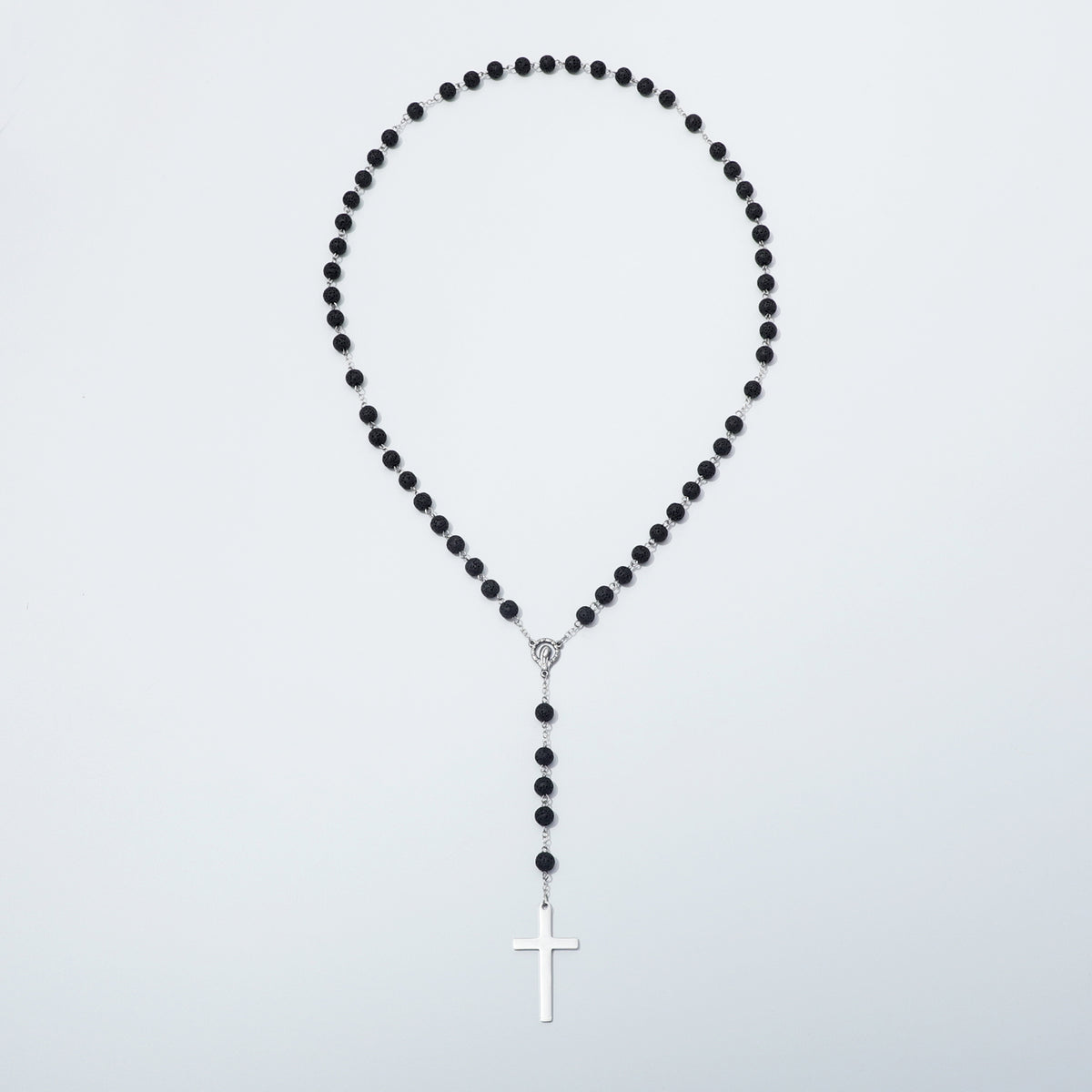 Full lava stone five-decade rosary on silver toned chain